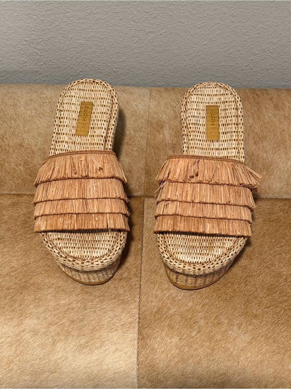 FARM Rio Tan Raffia Fringe Slide Sandals-Approx Size 8
